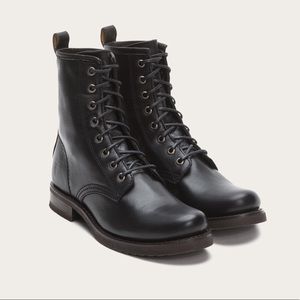 Frye, Veronica Combat Boots, Womens, Black Leather